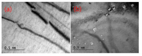 TEM micrograph of Fe-Cu S4 alloy (a) solution annealed (water quenched), and (b) aged at 400℃, 1000hr