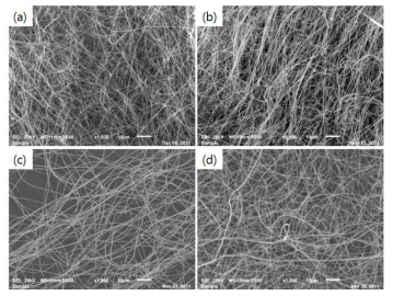 Salt를 첨가한 PAN solution의 polymer loading 양에 따른 파이버 형상 (a) PAN 9wt%; (b) PAN 10wt%; (c) PAN 11wt%; (d) PAN 12wt%