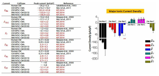 다양한 줄기세포 유래 심근세포에서의 이온채널 활성 비교.