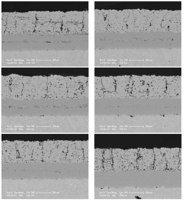 제작된 차세대 TBC시스템(OCD 코팅)의 단면형상분석 (SEM, 100배)