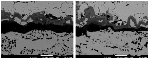 차세대 TBC시스템(OCD 코팅)의 계면형상 분석결과(1100℃, 100hr)