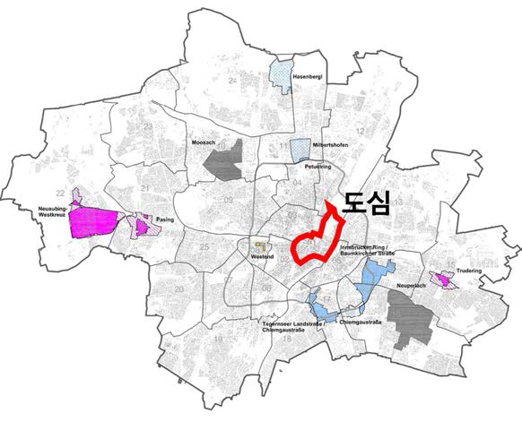 뮌헨의 도시재생 프로젝트 지도: 현재 도시재생 프로젝트의 위치는 주로 도시 외곽에 있음을 보여주고 있다.