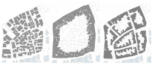 도시형 주거 블록의 건축물 재배치 시뮬레이션, (왼쪽부터 현상태, 블록 경계로 재배치, 연도형으로 재배치 시나리오)