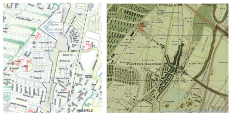 Gustav-Heinemann-Allee 주변 계획부지 35ha(좌) 및 1965년 역사지도 (우)