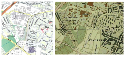 Fiduciastrasse 주변 계획부지 16ha(좌) 및 1965년 역사지도(우)