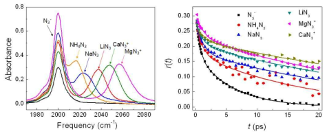 아지도 이온이 양이온과 이온쌍을 만들 때 관찰되는 FTIR 스펙트럼과 시분해 적외선 분광법으로 얻은 회전운동 동력학 (orientational relaxation dynamics).