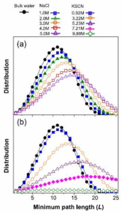 물의 수소 결합 네트워크의 최소 경로 길이 분포도. (a) NaCl 용액, (b) KSCN 용액.