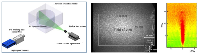 버블링을 이용한 통기/탈기 모사 모델을 이용한 실험 장치 구성과 입자 이미지, 용존산소 농도분포