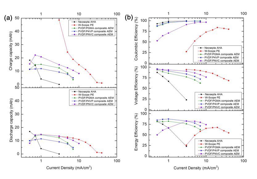 PVDF기반 유무기 복합막 3종의 전류밀도에 따른 충․방전 용량 및 효율 비교