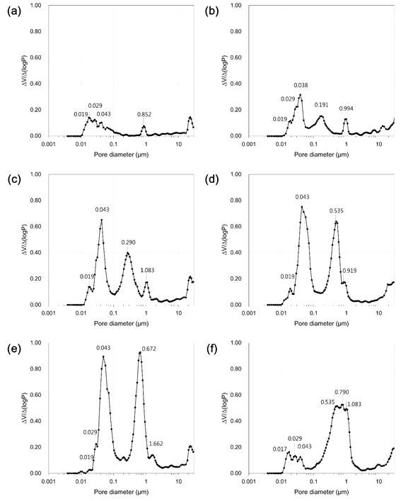 PVDF/PNVC 다공성 복합막 6종의 공극 크기 분포 비교