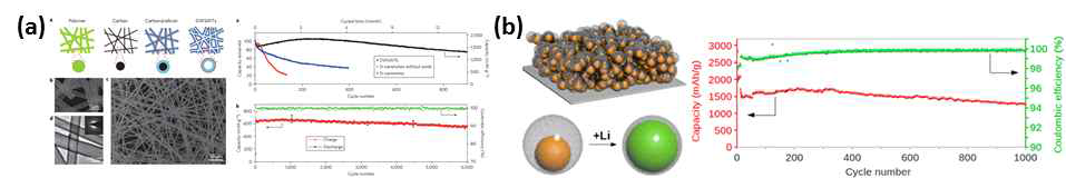 (a) 실리콘 나노튜브 음극재 (b) 달걀구조 실리콘 나노입자 음극재