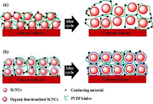 (a) 표면 기능화 되지 않은 실리콘 나노 결정의 충방전 특성 전/후의 구리판 도포 상태 (b) 표면 유기 기능화 된 실리콘 나노 결정의 충방전 특성 전/후의 구리판 도포 상태