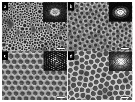 FESEM images of the film surfaces prepared with various solvent/non-solvent volume ratios of (a) 100/0, (b) 90/10, (c) 85/15, and (d) 80/20. The inset in each image is the corresponding FFT pattern. Scale bar: 5 μm.