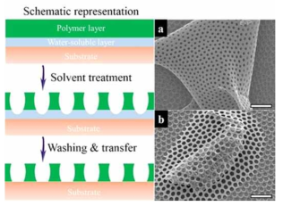 Schemes illustrating the fabrication of a microporous membrane via an improved phase separation method. FESEM images present (a) a wrinkled membrane and (b) a membrane covering over dust. Scale bars are 20 μm.