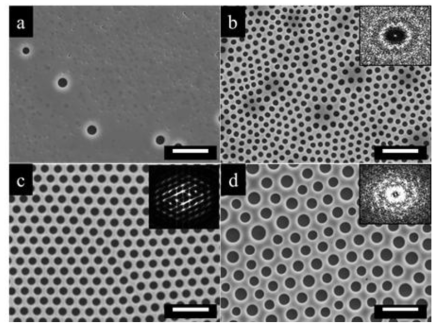 FESEM images of the patterned film surfaces prepared using solvent/non-solvent mixtures with different volume ratios of (a) 100/0, (b) 95/5, (c) 90/10, and (d) 85/15. The inset in each image is the corresponding FFT pattern. Others conditions were kept constant with the temperature of 20℃ and the relative humidity (RH) level of 60%. The scale bars are 10 mm.