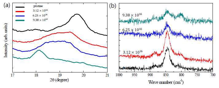 전자빔의 도즈에 따른 (a) X-선 회절 및 (b) Raman 산란는 것을 확인할 수 있었다.