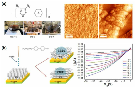 (a) 유기(고분자)반도체 합성 (왼쪽) 및 계면제어를 위한 표면 AFM 이미지 (오른쪽), (b) 고분자반도체-액정 계면제어 연구 를 위한 오염물질 처리 과정 및 소자 특성.