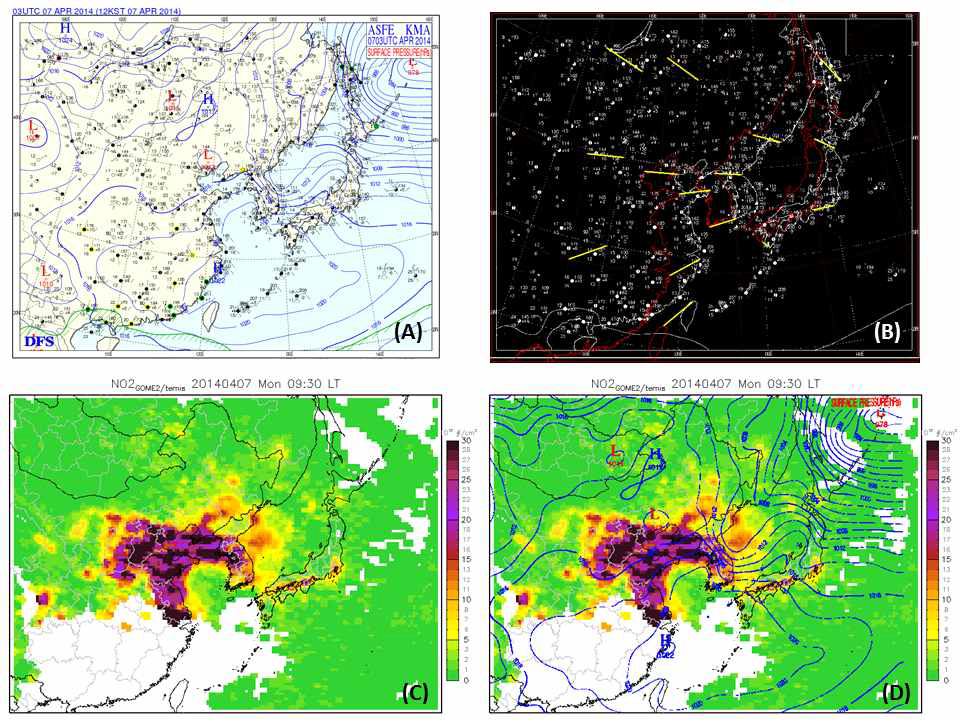 Example of georeferencing to overlay KMA surface weather chart (a) to GOME-2 NO2 VCD plot (c)