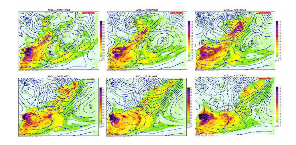 Sequential snapshots of CMAQ AOD spatial distributions with Hysplit 3-day backward trajectory simulations combined.
