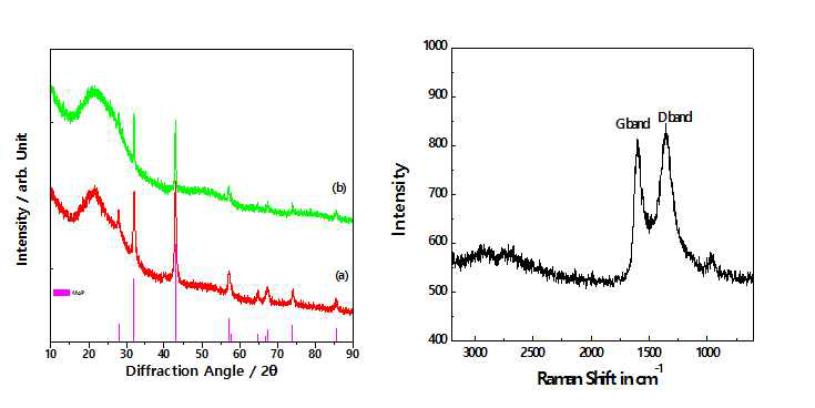 Si-MoP-GO 복합체의 XRD 및 라만 패턴