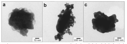 0.5Li2MnO3·0.5LiNi0.5Co0.2Mn0.3O2의 각 온도에서의 열처리 후 분석 한 BF image; (a) 400 °C, (b) 700 °C, (c) 1,000 °C