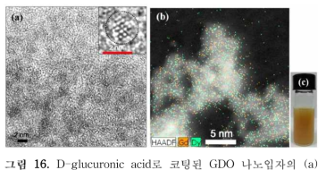 D-glucuronic acid로 코팅된 GDO 나노입자의 (a) HRTEM 이미지, (b) 원소 mapping 이미지 및 (c) solution sample.