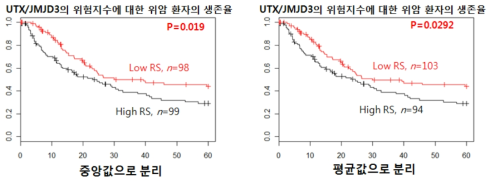 GSE15460 microrray 데이터로부터 분석한 UTX와 JMJD3 위험지수에 대한 위암환자의 생존율