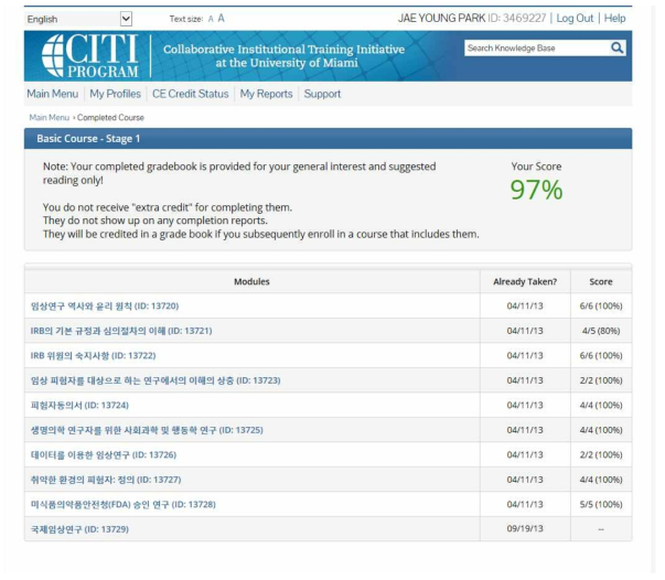 Human Research Basic Course 교육 이수