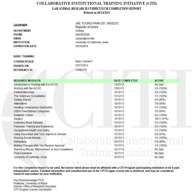 LAB ANIMAL RESEARCH CURRICULUM Basic course 교육 이수