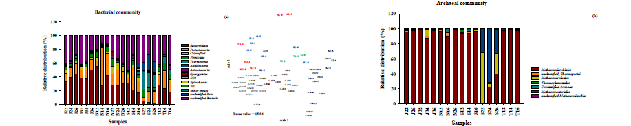 시료별 세균 및 고세균 군집의 분포양상 및 기소화조 NMS 분석 결과.