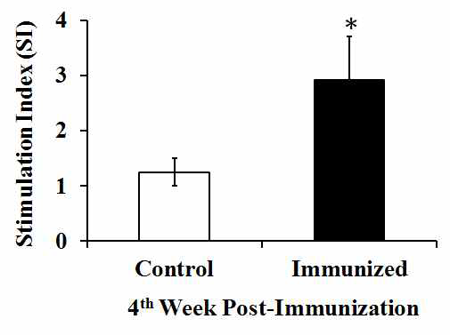 Stimulation index of chicken lymphocyte samples from the peripheral lymphocyte proliferation assay using soluble antigen at the 4thweek post-immunization.