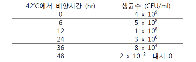 균주의 고스트화 효율(용해과정 시간경과와 생균수의 관계)