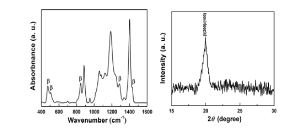 P(VDF-TrFE) nanofiber의 FT-IR 분석 및 XRD patterns.