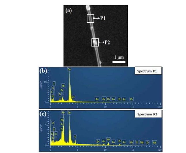 TDPA로 표면처리된 PZN-PZT/P(VDF-TrFE) nanofiber의 SEM 사진과 EDS spectrum.