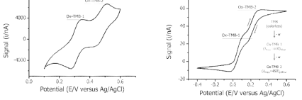 Redox couple을 이용한 일체형 전극의 평가 (a) 벌크형 전극, (b) 일체형 전극.