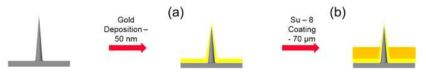 단일전극 제조과정. 금박막 도포후 SU-8으로 표면을 passivation하여 니들끝단의 전극노출.