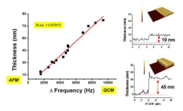 실시간 QCM제어와 AFM 두께측정를 통해 얻어진 파릴렌 증착두께와 공진주파수 변화의 상관관계.