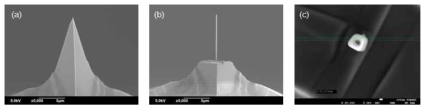 (a) FIB 가공 전 AFM 캔틸레버와 (b) FIB 가공 후, 그리고 (c) 금속층, 절연층이 증착된 전극의 단면의 SEM 이미지.