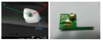 AFM 캔틸레버 전극단면의 SEM image와 PCB에 연결, 최종 완성된 전극의 이미지.