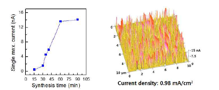 성장 시간에 따른 single GaN nanowire의 최대 출력 전류와 90분 동안 성장시킨 nanowire의 conductive AFM 이미지.