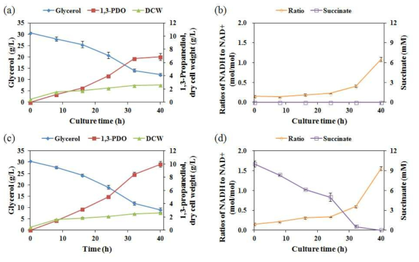 Time profile of glycerol consumption, 1,3-PDO titer, dry cell weight, ratios of NADH to NAD+, and succinate consumption in flask fermentation supplemented with 30 g/L glycerol at 30 °C for 40h. (a and b) 0 mM succinate, (c and d) 10mM succinate.