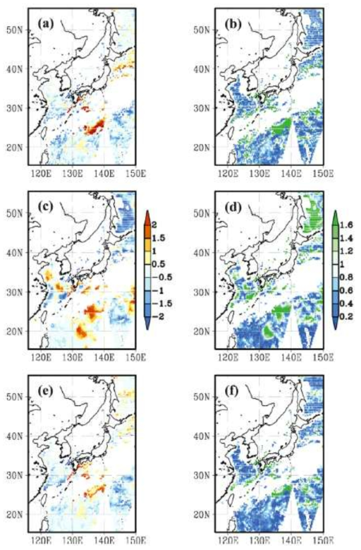 AMSR-E와의 bias 및 RMSD: (a, b) MTSAT-1R, (c, d) CTL, (e, f) DA-2 (2008년 6월 5일).