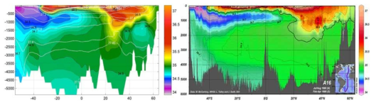 대서양 22.5°W 남북단면에서의 모형(좌)과 WOCE자료(우)의 연평균 연직염분분포.
