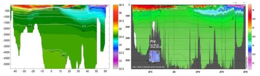 태평양 180° 남북단면에서의 모형(좌)과 WOCE자료(우)의 연평균 연직염분분포.