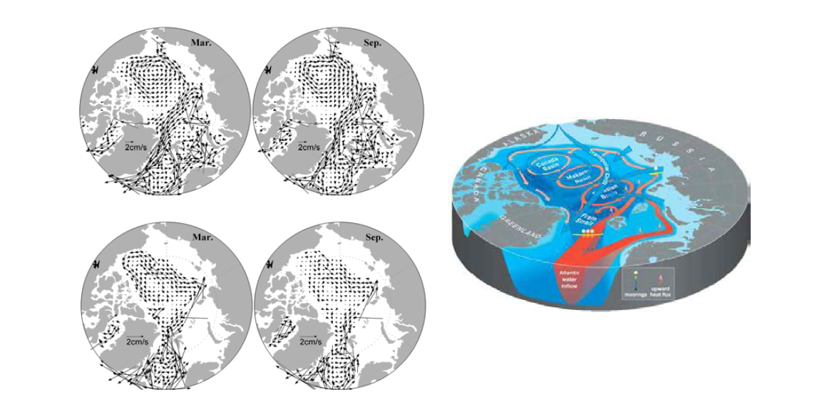모형이 모사한 10년 평균 3월과 9월의 북극해 상층(55m, 좌상) 및 중층(390m, 좌하) 순환과 Polykov et al. (2012)의 북극해 상층(파란색 화살표) 및 중층(빨간색 화살표) 순환 모식도(우).