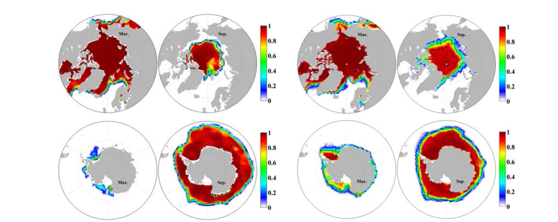 모형(좌)이 모사한 10년 평균 3월과 9월의 해빙농도 분포 및 34년(1979-2012) 평균 3월과 9월의 HadISST(우) 해빙농도 분포