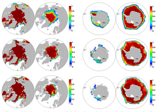 관측(상), 고해상도(중), 저해상도(하) 모형의 북극(좌)과 남극(우)의 3월, 9월의 해빙농도 분포.