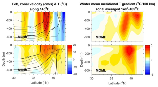 145°E 단면에서의 2월 연직 수온(°C) 및 동향 유속(cm/s) 분포(좌). 겨울철(10월-2월) zonal 평균(140°-165°E) 남북수온구배(우, 상: MOMH, 하: MOML)