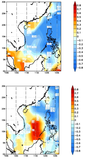 (a) Simultaneous correlation coefficients in Precipitation-SST during summer for the period 1979-1998. (b) is the same as in (a) except but the period of 1999-2011.