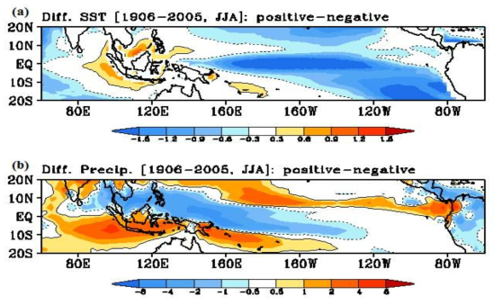 (a) The difference between positive and negative CMIP5 models of mean SST for the boreal summer (JJA) for 1906-2005. (b) As in Figure 22a but for mean Precipitation.